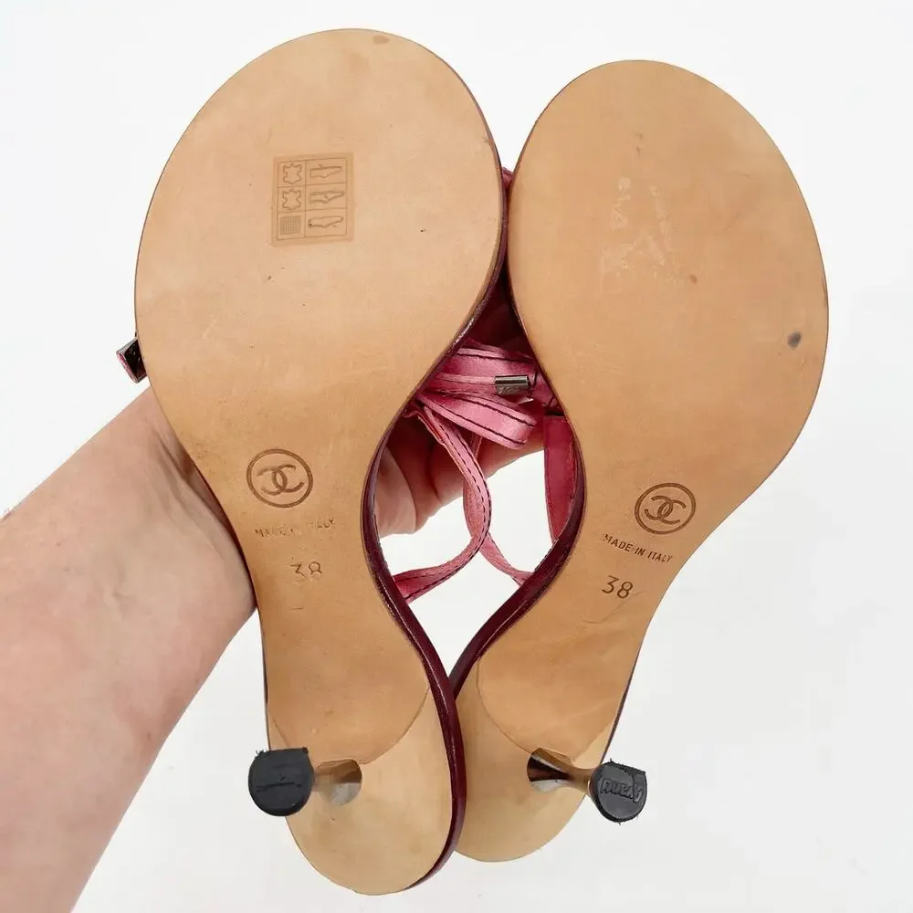Chanel Vintage Pink Double Strap Satin Bow Cork Sole Slide Sandal Heels EU 38